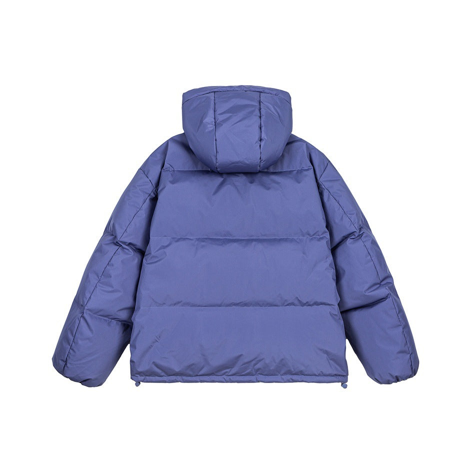 Back view of a blue hooded puffer jacket with horizontal quilting.