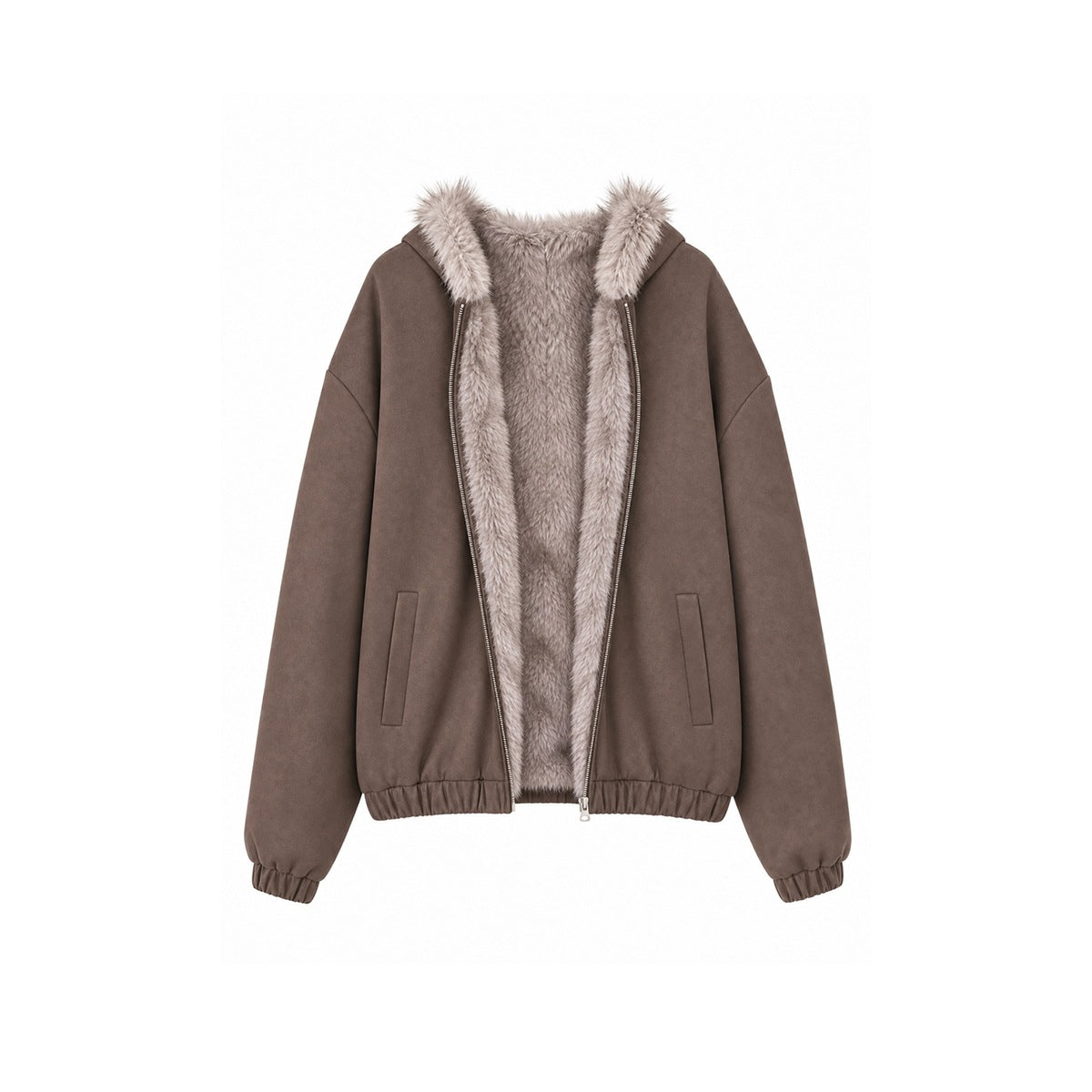 Dark brown zip jacket unzipped to show plush light taupe faux-fur-like interior and hood trim
