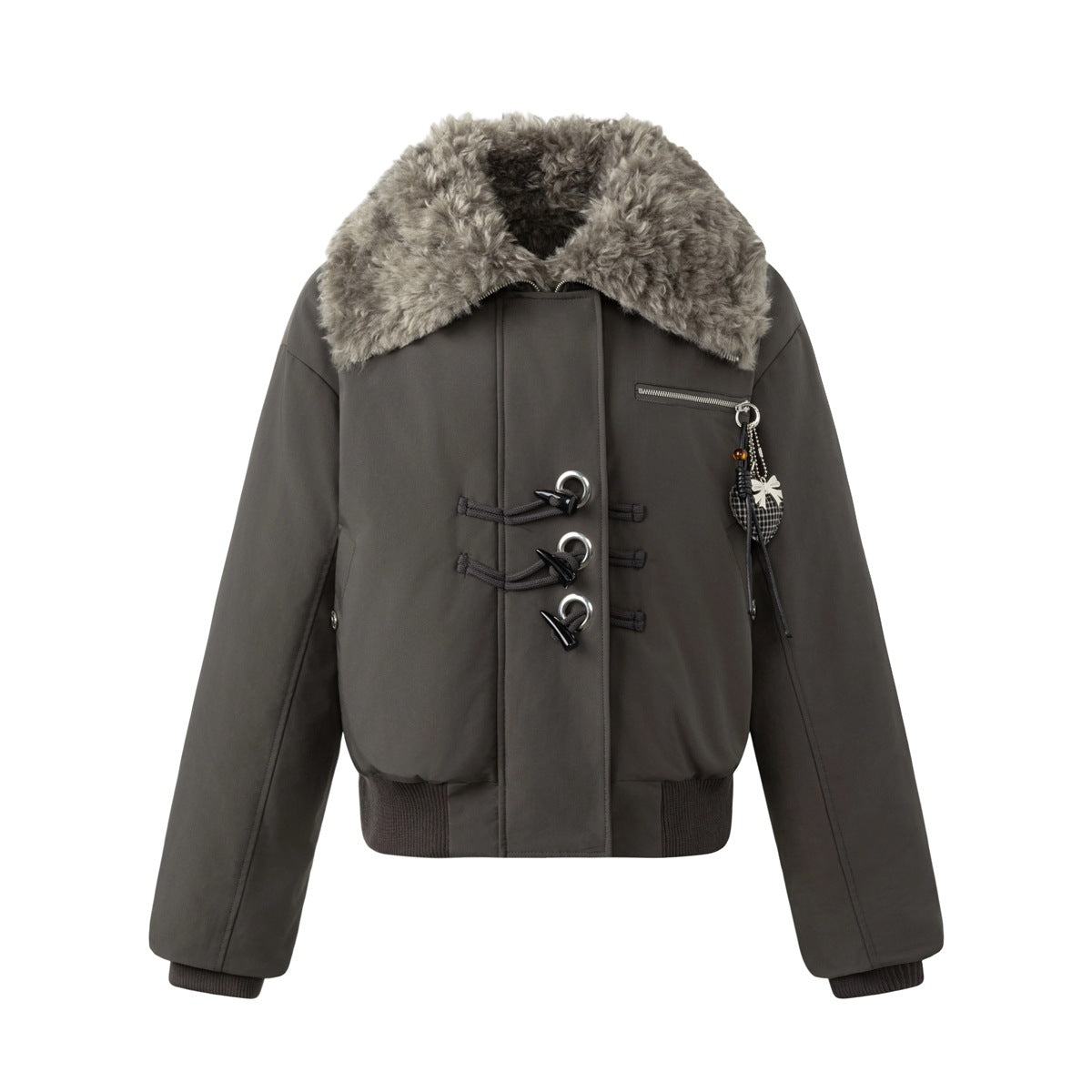 Dark gray padded short jacket, front view, with plush gray collar, three horn toggles, chest zip pocket and charm