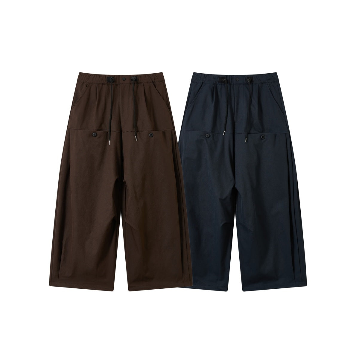 Front view of wide-leg trousers in brown and dark navy, with drawcord waists and buttoned front pockets.