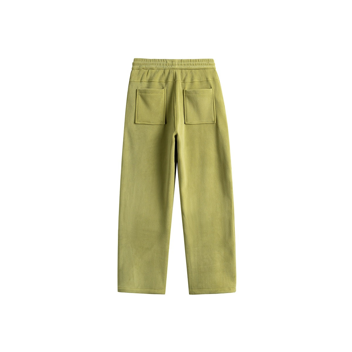 Rear view of yellow-green straight-leg pants with an elastic waistband and two square back patch pockets.