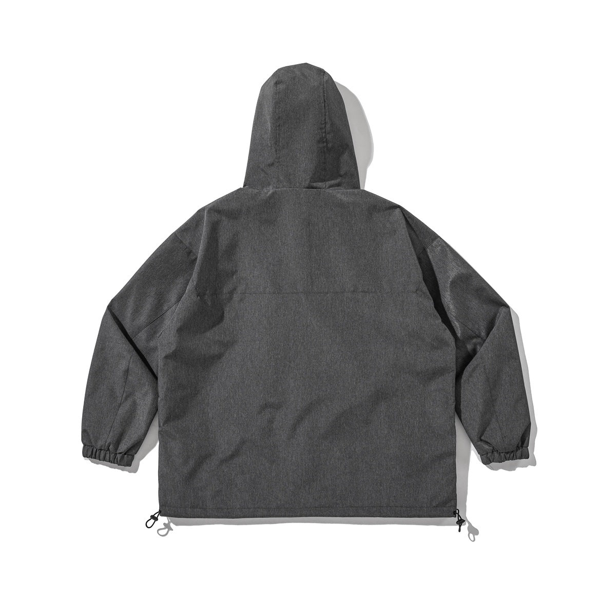 Back view of a dark gray hooded jacket with gathered cuffs and adjustable hem toggles.