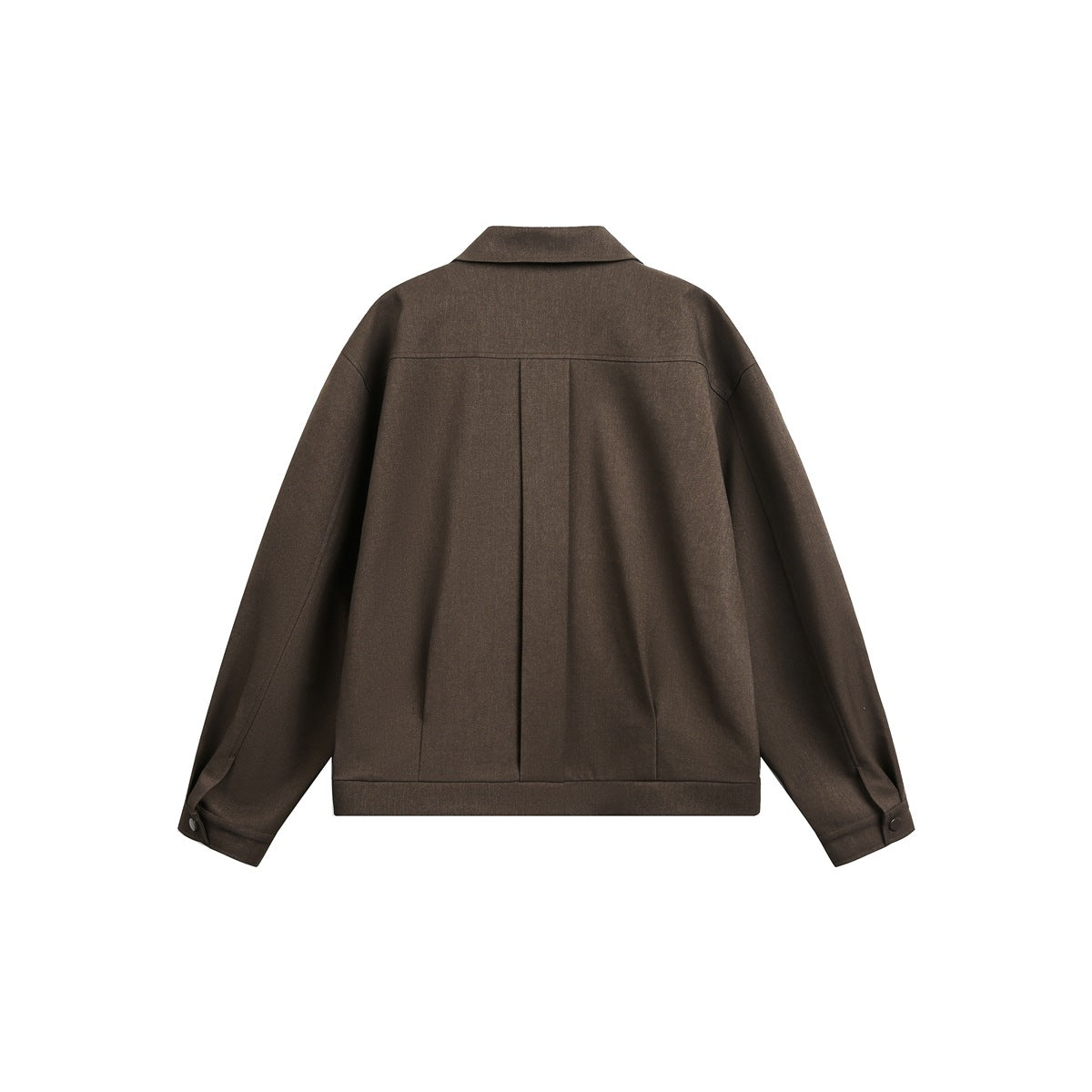 Back view of a dark brown jacket with a pointed collar, center pleat and buttoned cuffs.