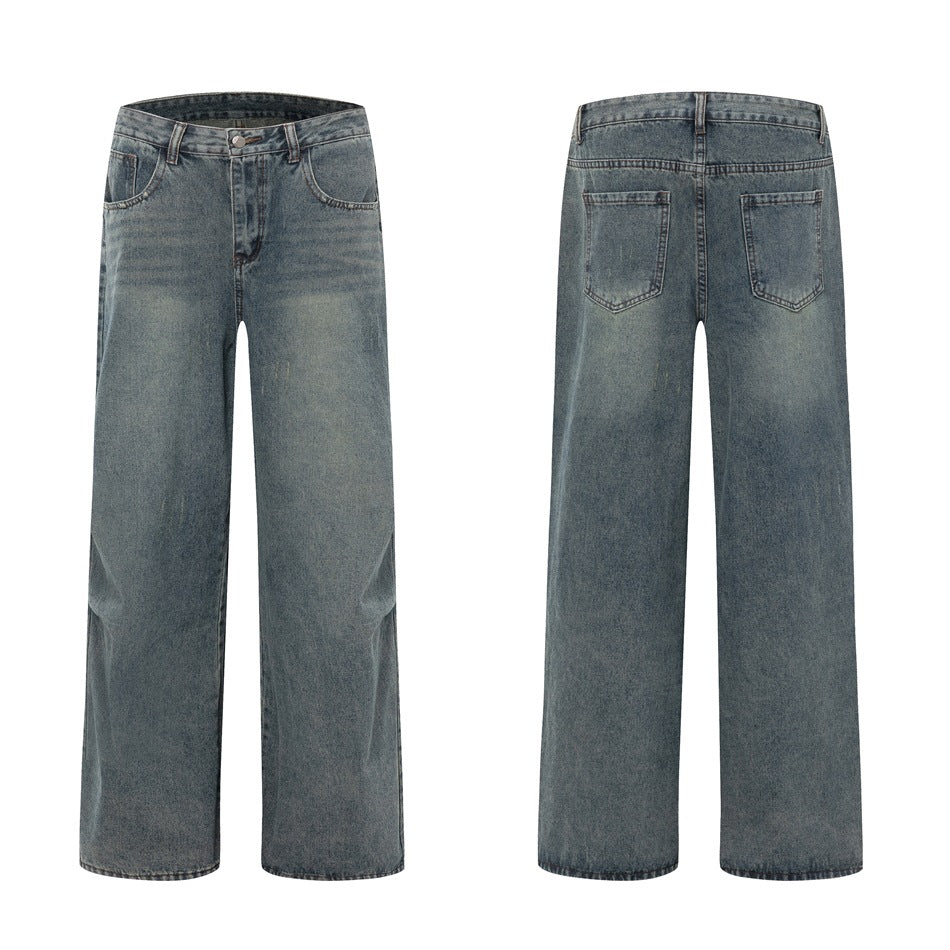 Faded blue wide-leg jeans shown flat with front and back views side by side.
