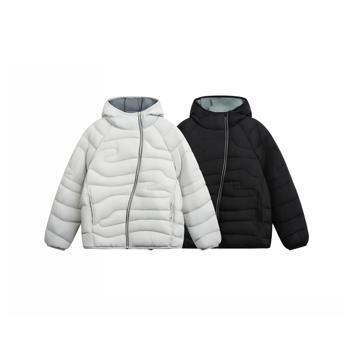 Front view of hooded quilted jackets in pale gray and black, with wavy stitching and front pockets.