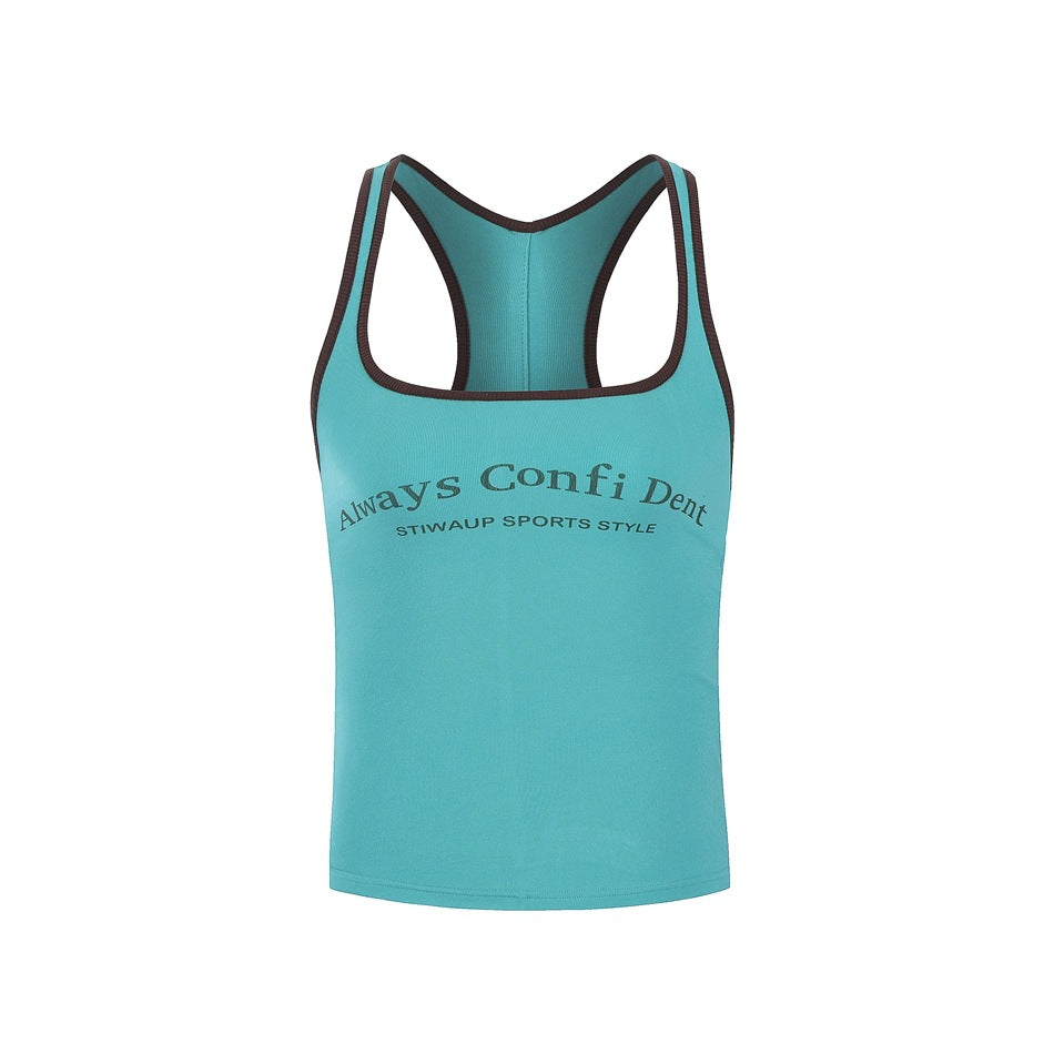 Teal blue racerback tank top with dark brown trim and an arched front text print, flat front view