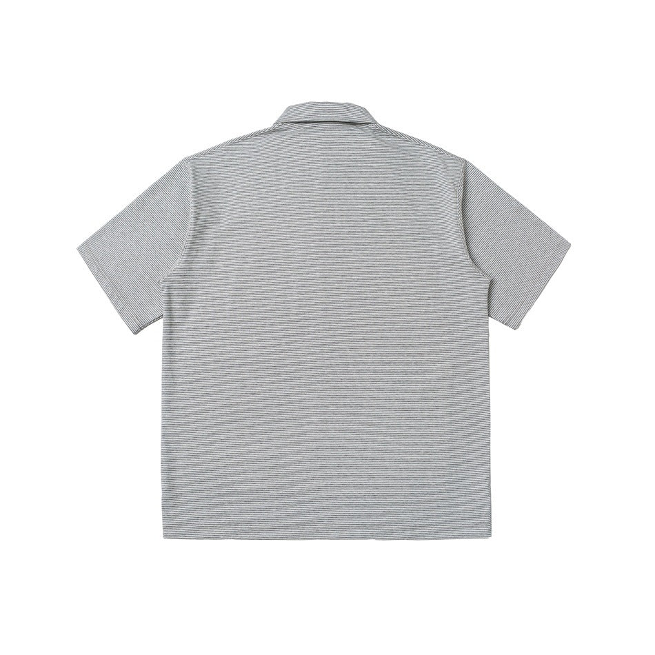 Back view of a light gray short-sleeve polo with fine horizontal stripes.