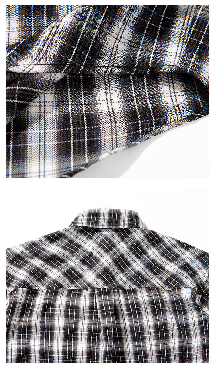 Black-and-white plaid shirt shown from the back, with a close-up of the hem above.