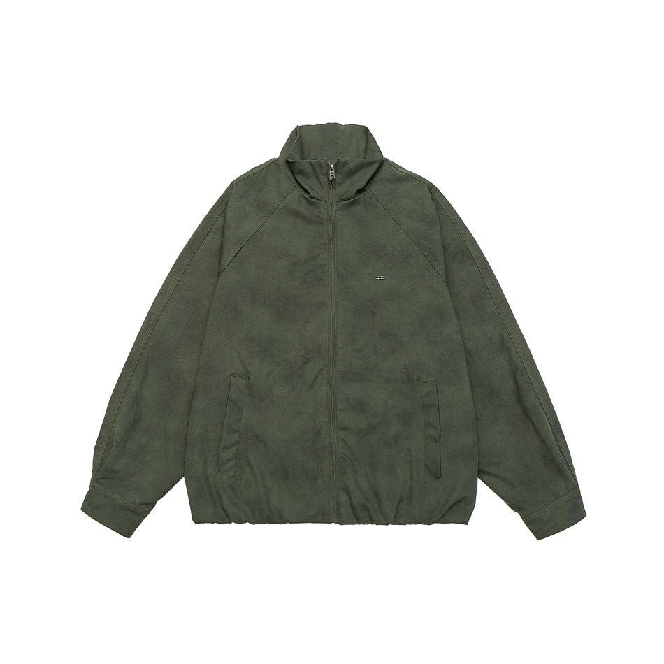 Olive green zip-front stand-collar jacket with raglan sleeves, front pockets and gathered hem, flat lay