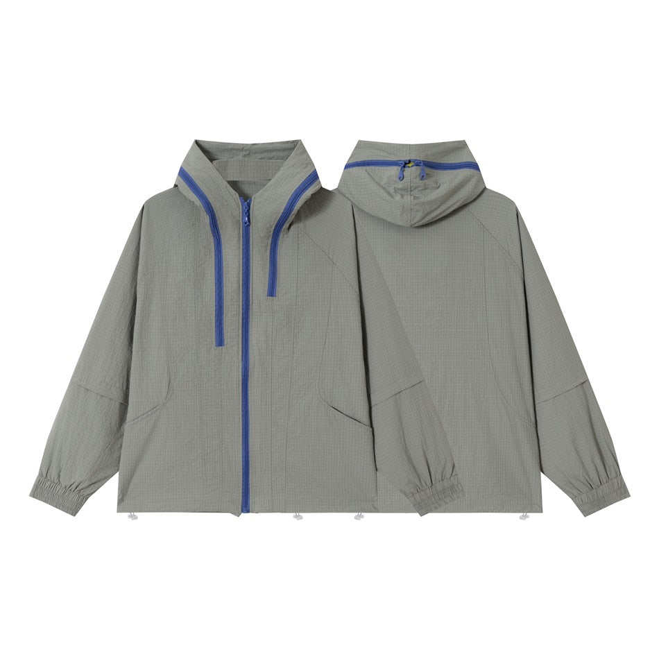Gray hooded jacket shown from the front and back, with blue zippers, elastic cuffs, and hem drawcords.