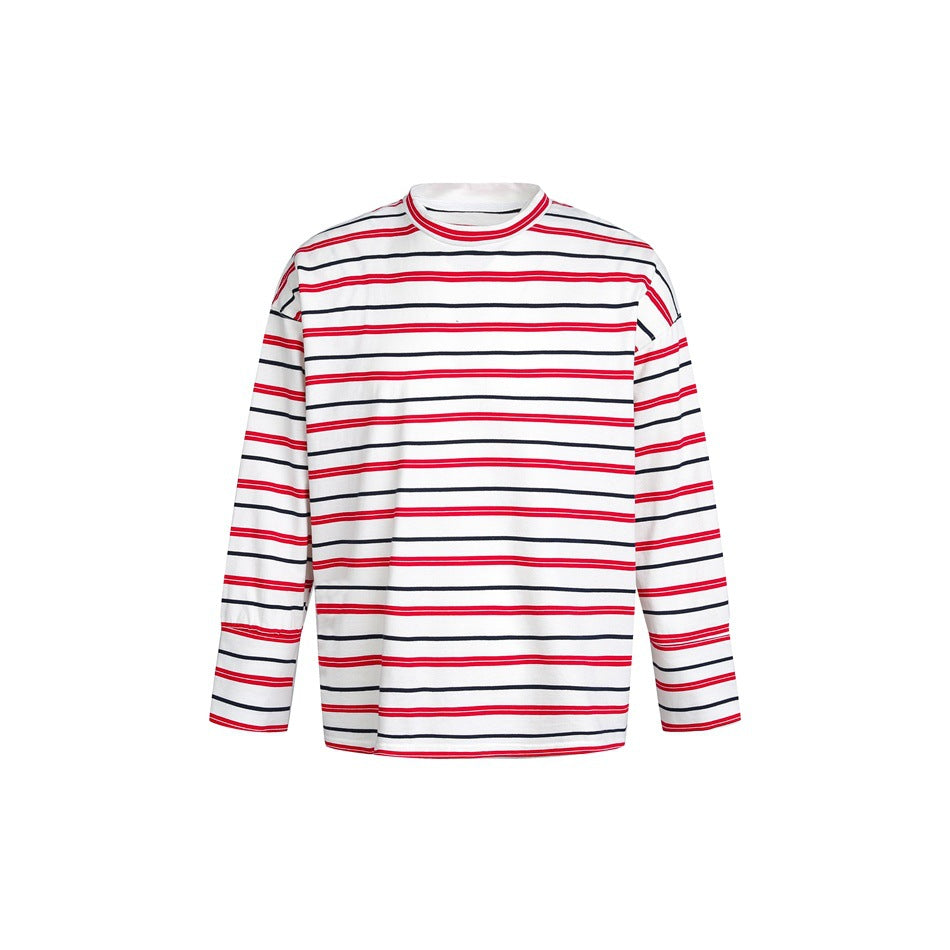White long-sleeve top with red and navy horizontal stripes, flat front view with drop shoulders and a crew neck