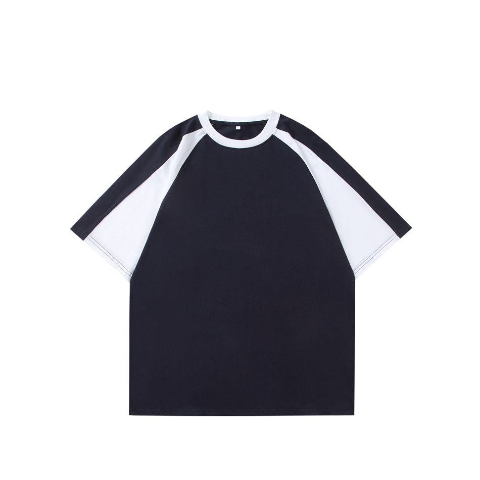 Navy crew-neck raglan T-shirt with white sleeves and collar, flat front view