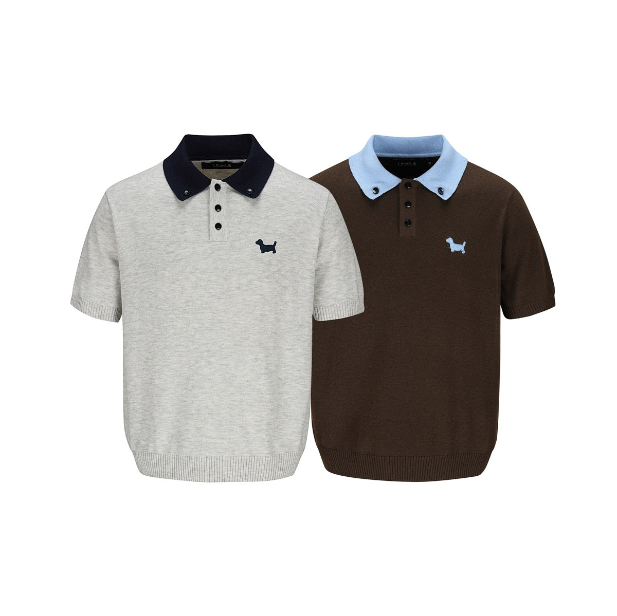 Two short-sleeve knit polos shown from the front: light gray with a navy collar and dark brown with a pale blue collar.