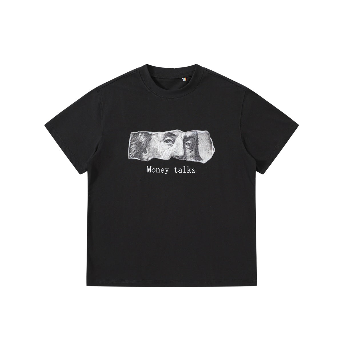 Black short-sleeve crew-neck t-shirt with grayscale torn banknote eyes graphic and the text Money talks on the chest