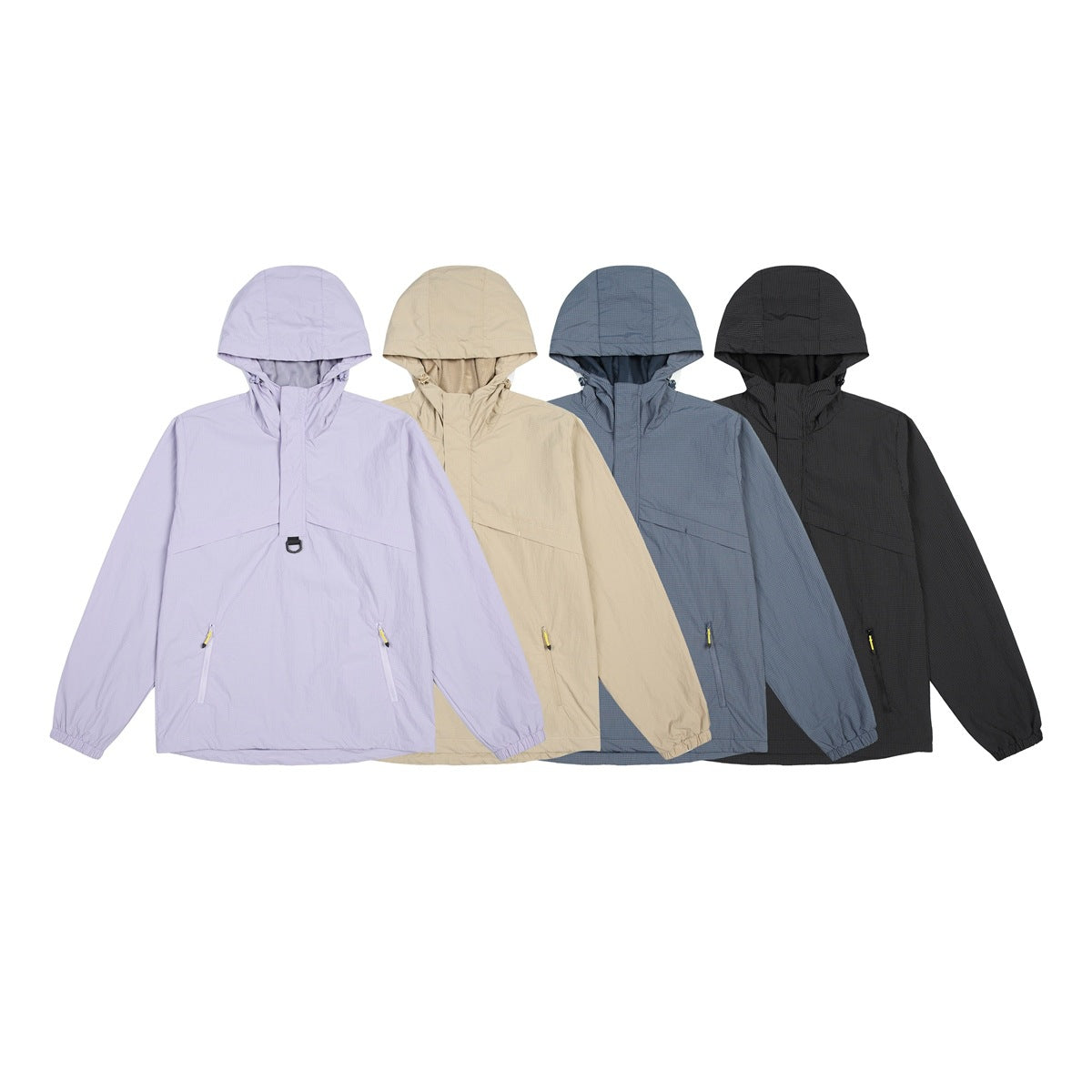 Four hooded pullover jackets shown from the front in lavender, beige, slate blue and black.