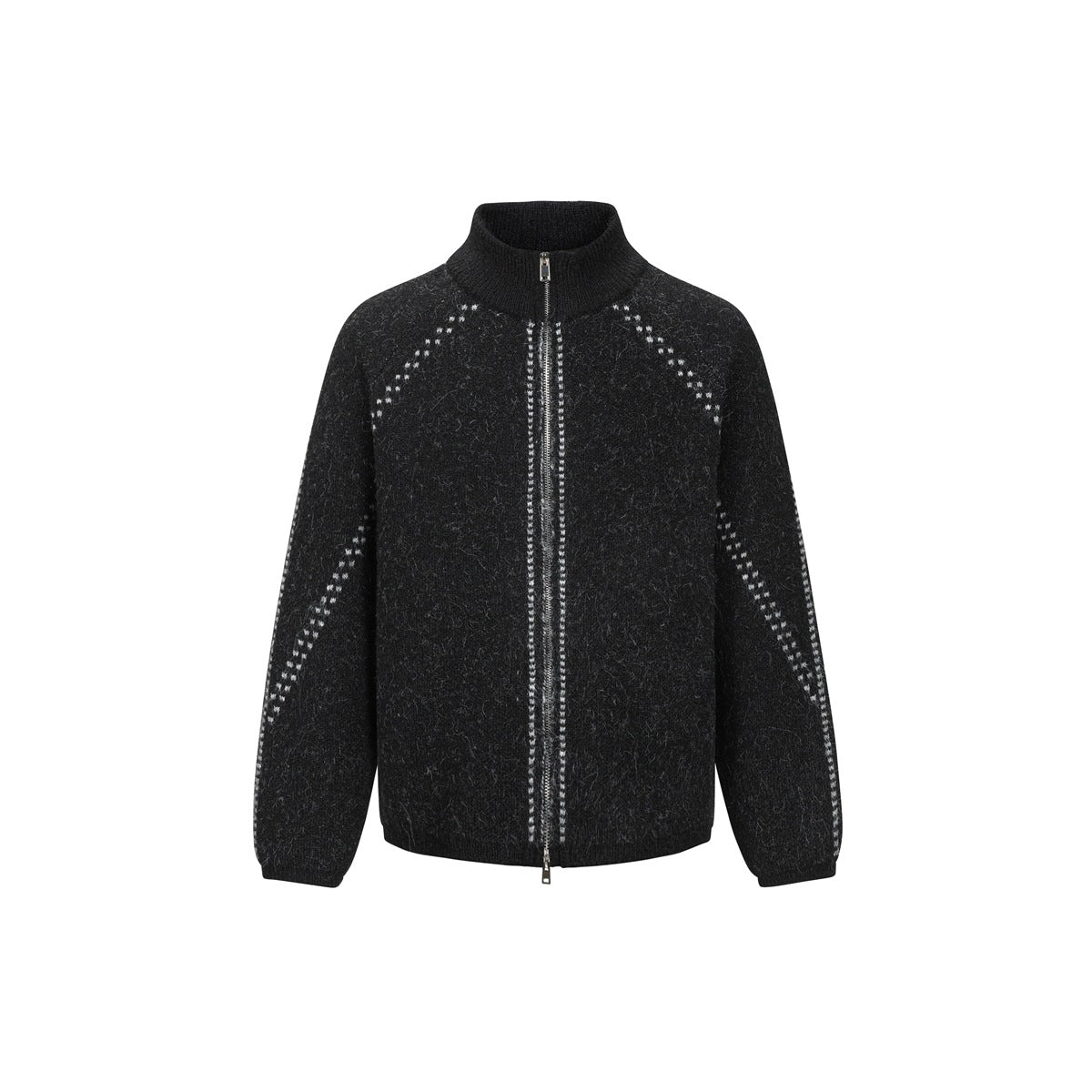 Black fuzzy knit zip-up cardigan with ribbed stand collar and light dotted contrast stitching, front view on white