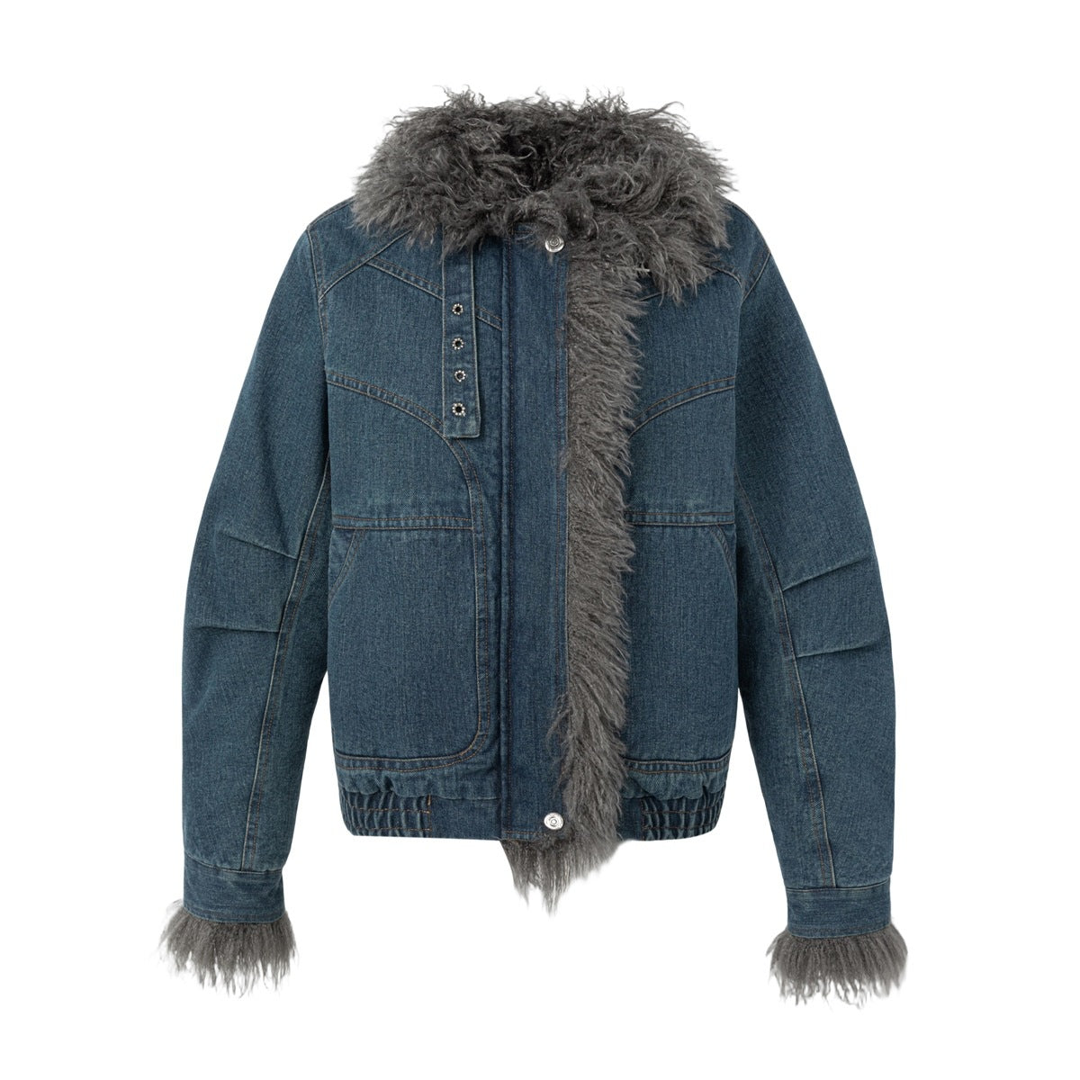Front of a blue washed denim jacket with a shaggy gray fur-style collar, cuffs and front trim, zip and snap closure