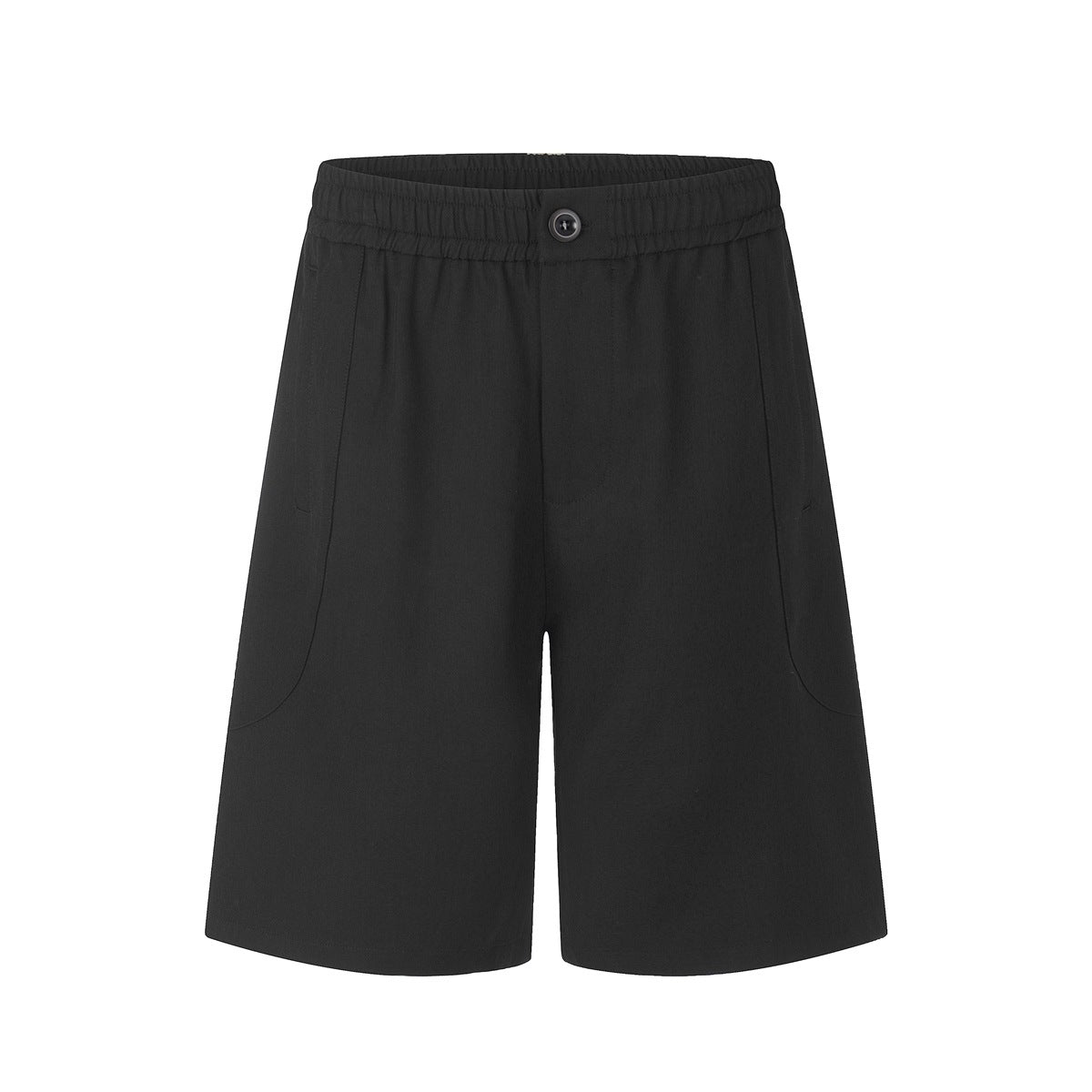 Front view of black knee-length shorts with elastic waistband, center button and curved side seams