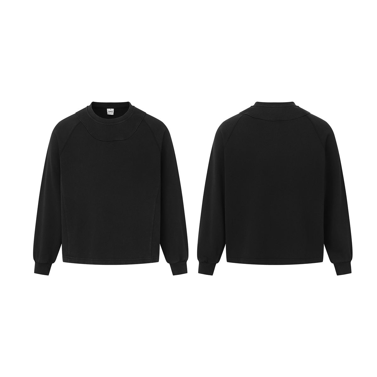Black crewneck sweatshirt shown from the front and back, with long sleeves, ribbed cuffs, and curved yoke seams.
