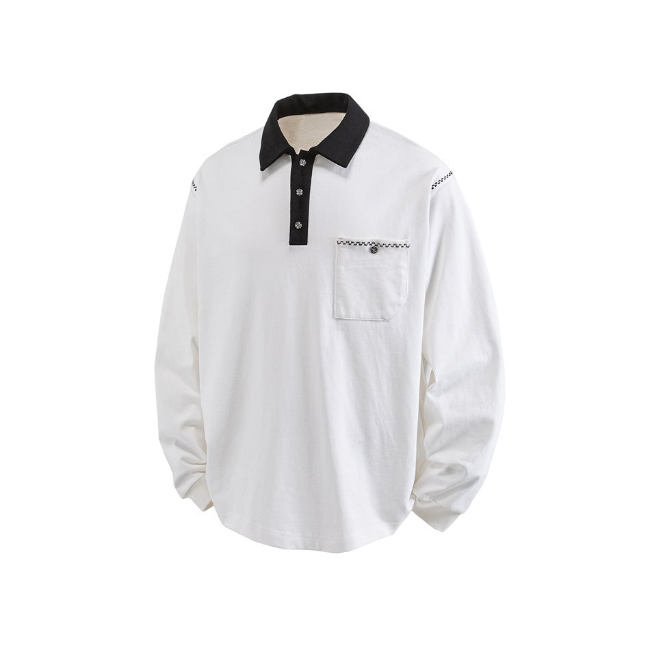 White long-sleeve polo top with black collar, black three-button placket and chest pocket, angled flat view
