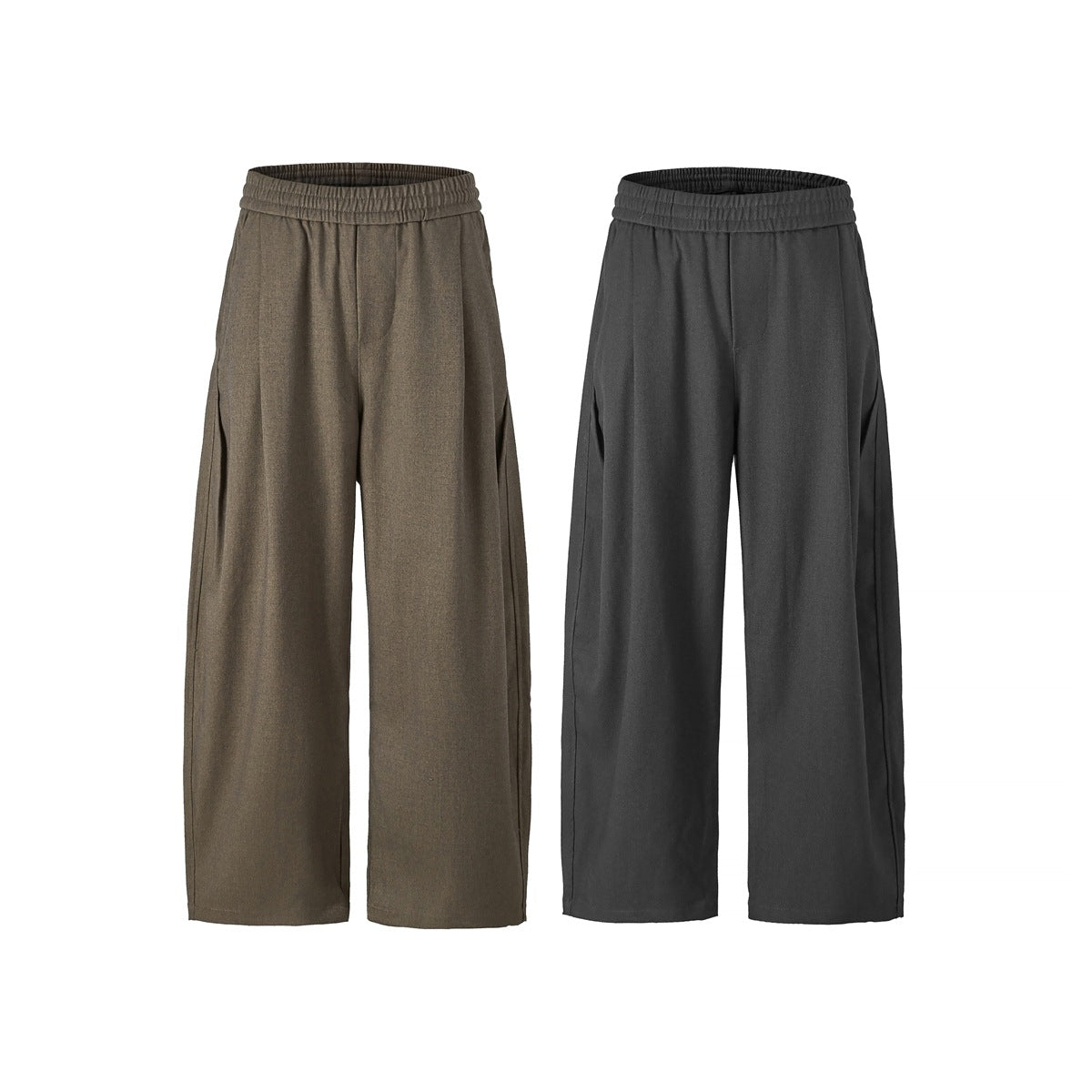 Front view of wide-leg pants in brown and charcoal gray, each with a gathered elastic waistband.