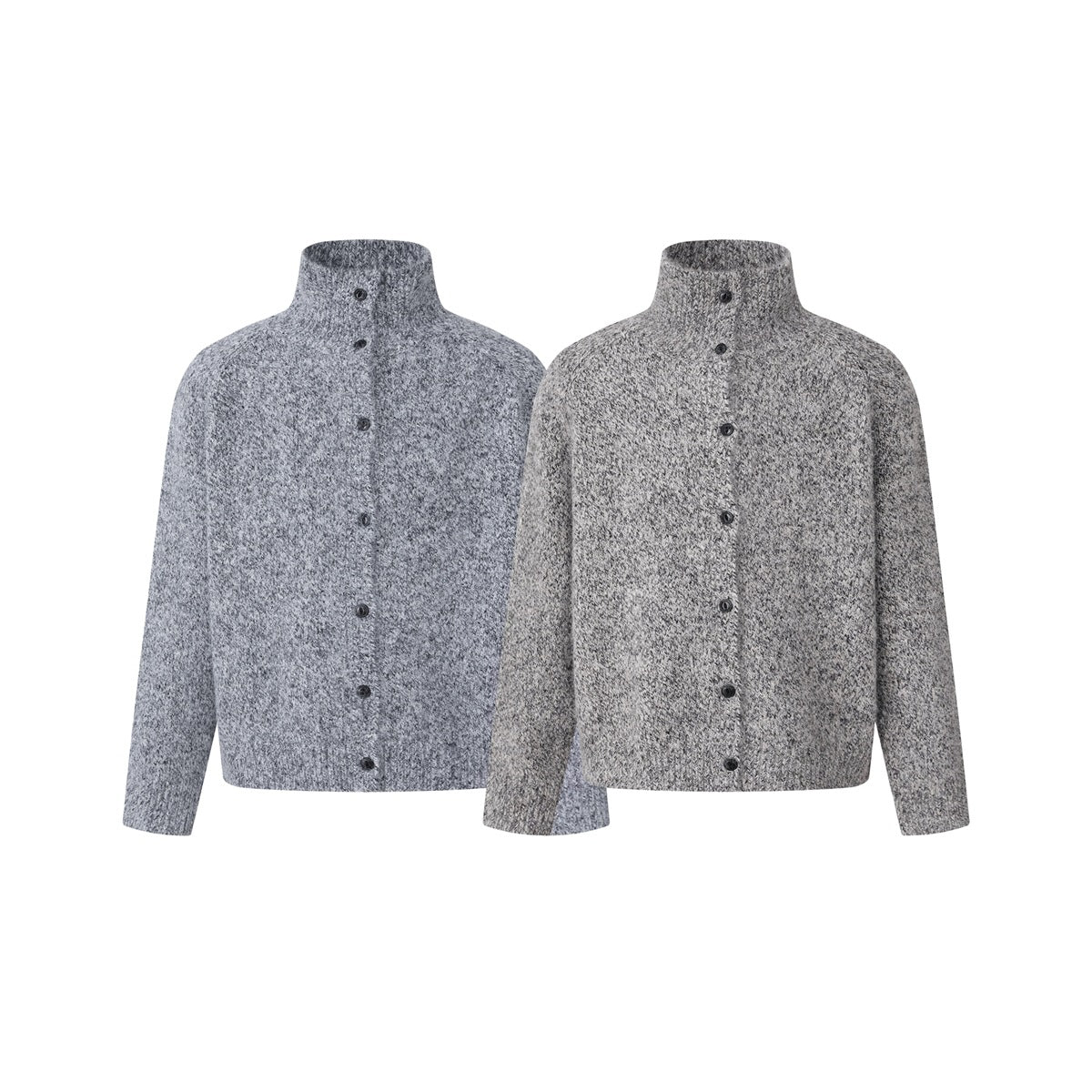 Two long-sleeved marled knit button-front cardigans in gray and light gray, shown from the front with high collars.