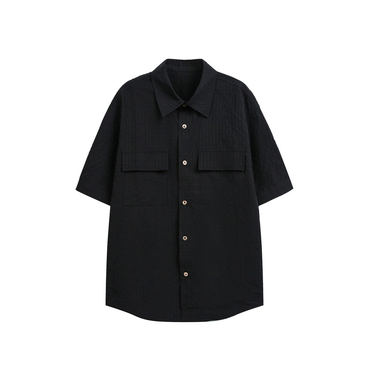 Black short-sleeve button-up shirt, front view, with textured vertical stripes and two flap chest pockets