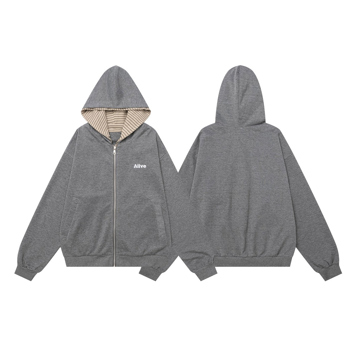 Gray zip-up hoodie shown from the front and back, with striped hood lining and white chest lettering.