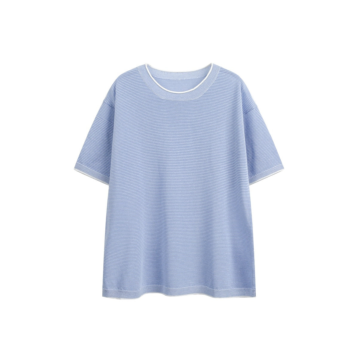 Light blue short-sleeve crew-neck knit T-shirt with fine white stripes and white trim, flat front view