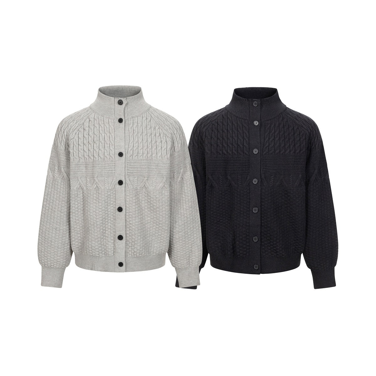 Front views of two button-front cable-knit cardigans with high collars, in light gray and dark charcoal.