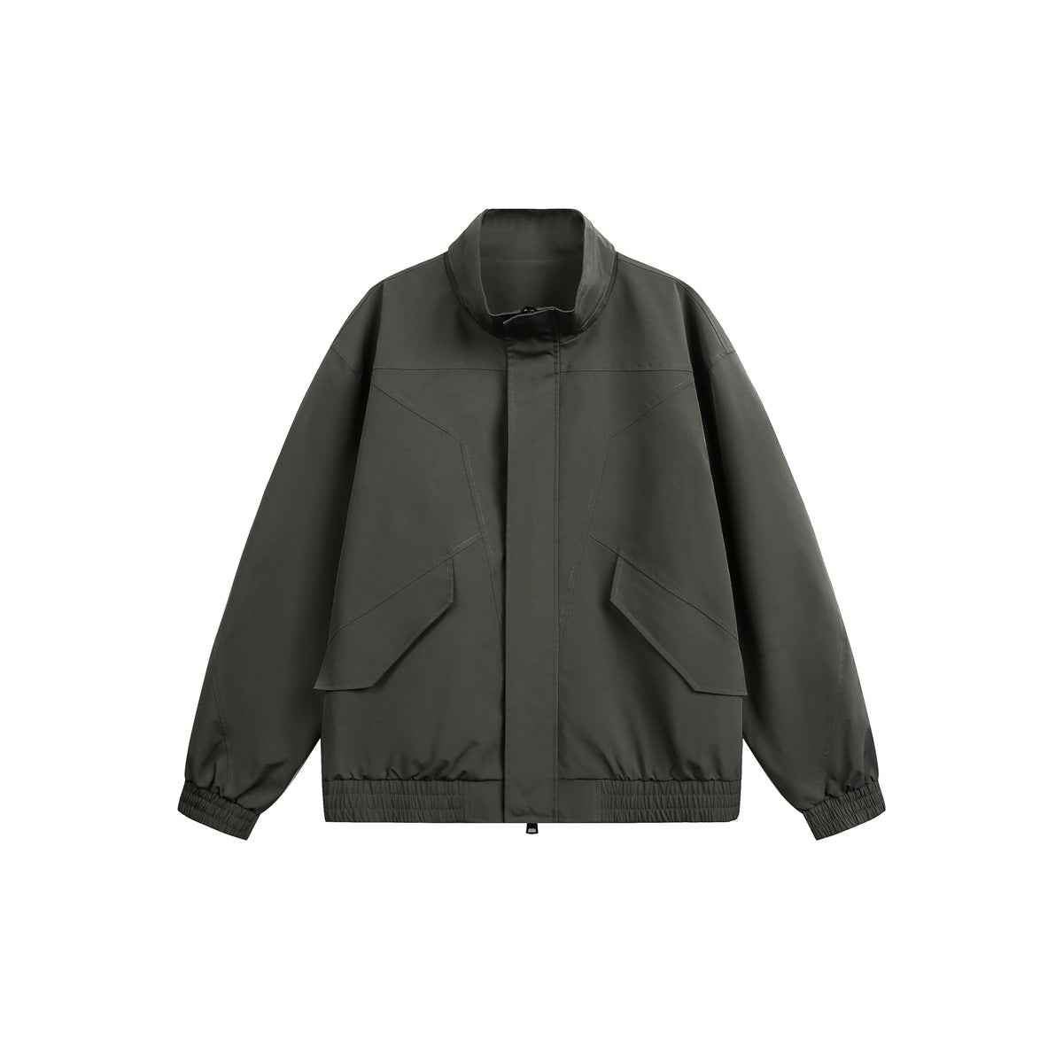 Gray stand-collar zip jacket with angled flap pockets and elastic cuffs and hem, flat front view