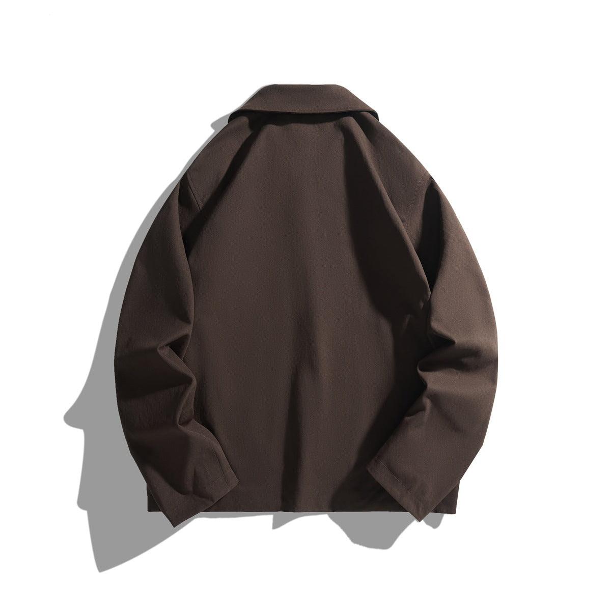 Back view of coffee brown jacket flat lay showing turn-down collar and plain back panel with long sleeves