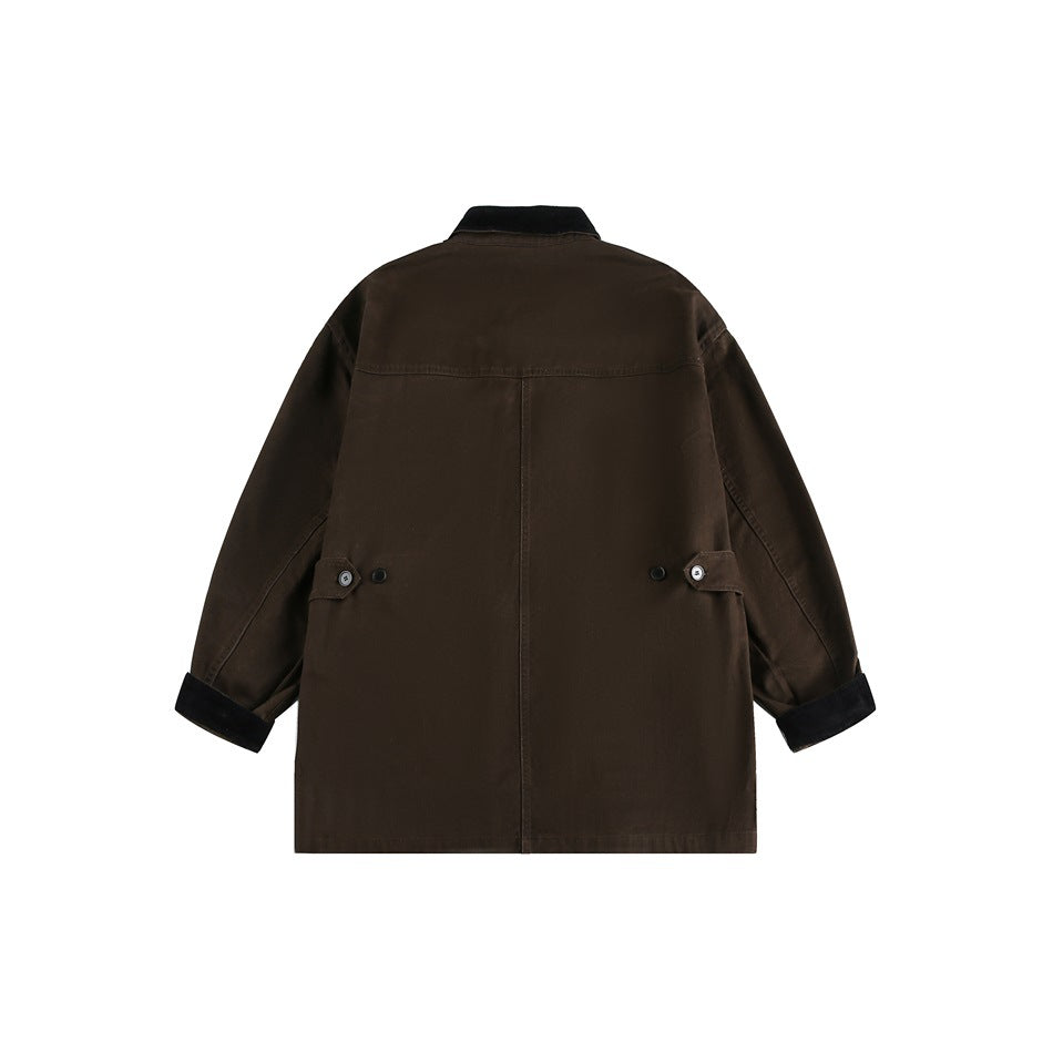 Back view of a dark brown jacket with a black collar and cuffs, center seam, and adjustable side tabs.