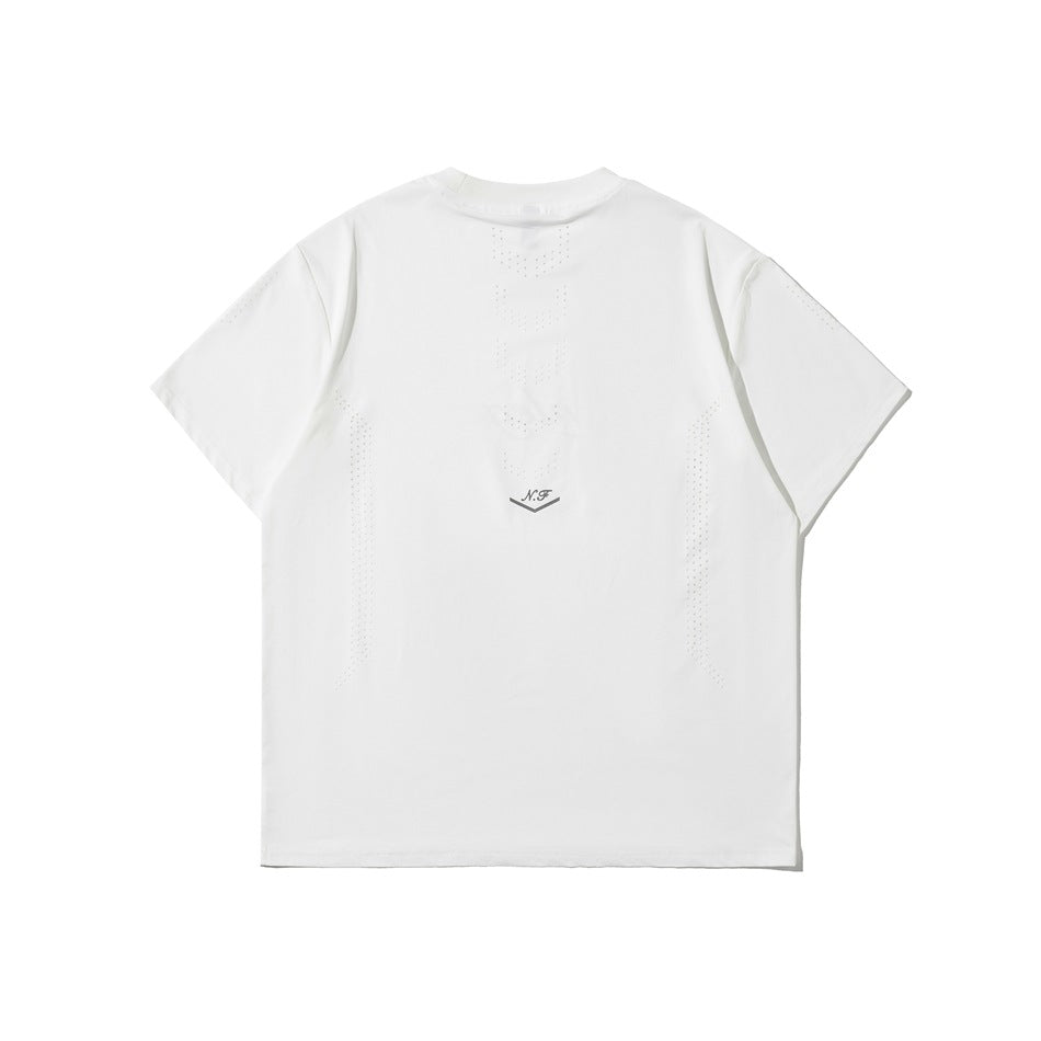 Back view of white short-sleeve T-shirt with perforated dot pattern down the center and small chevron graphic