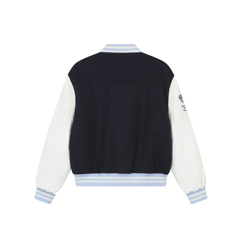 Back view of a navy varsity jacket with white sleeves and blue-and-cream striped ribbed collar, cuffs and hem.