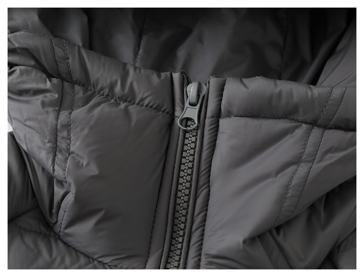 Close-up of the charcoal jacket's chunky front zipper, padded collar, and stitched panels.