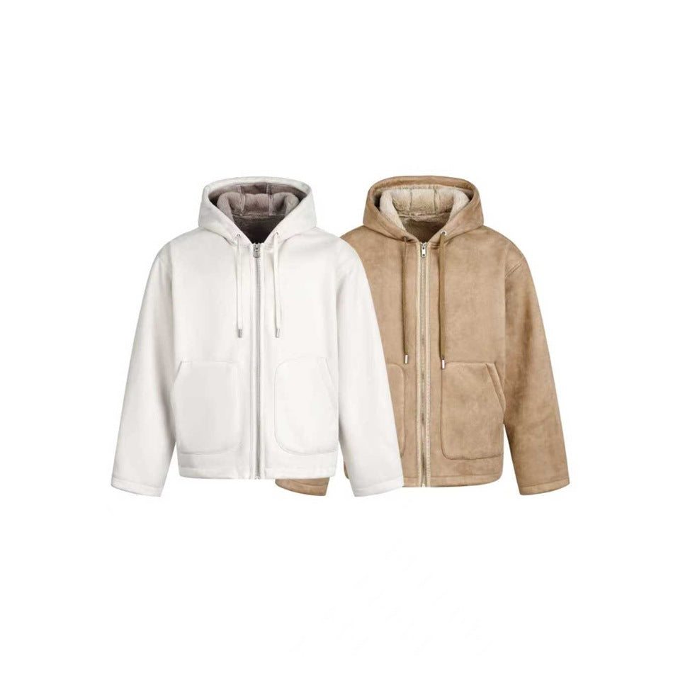 Two front views of zip-up hooded jackets with front pockets, shown in ivory and tan with light linings.
