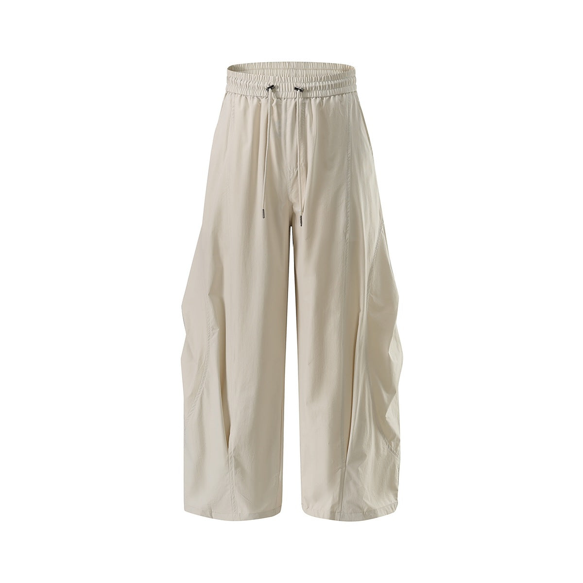 Off-white wide-leg drawstring pants with elastic waist and pleated side volume, flat front view