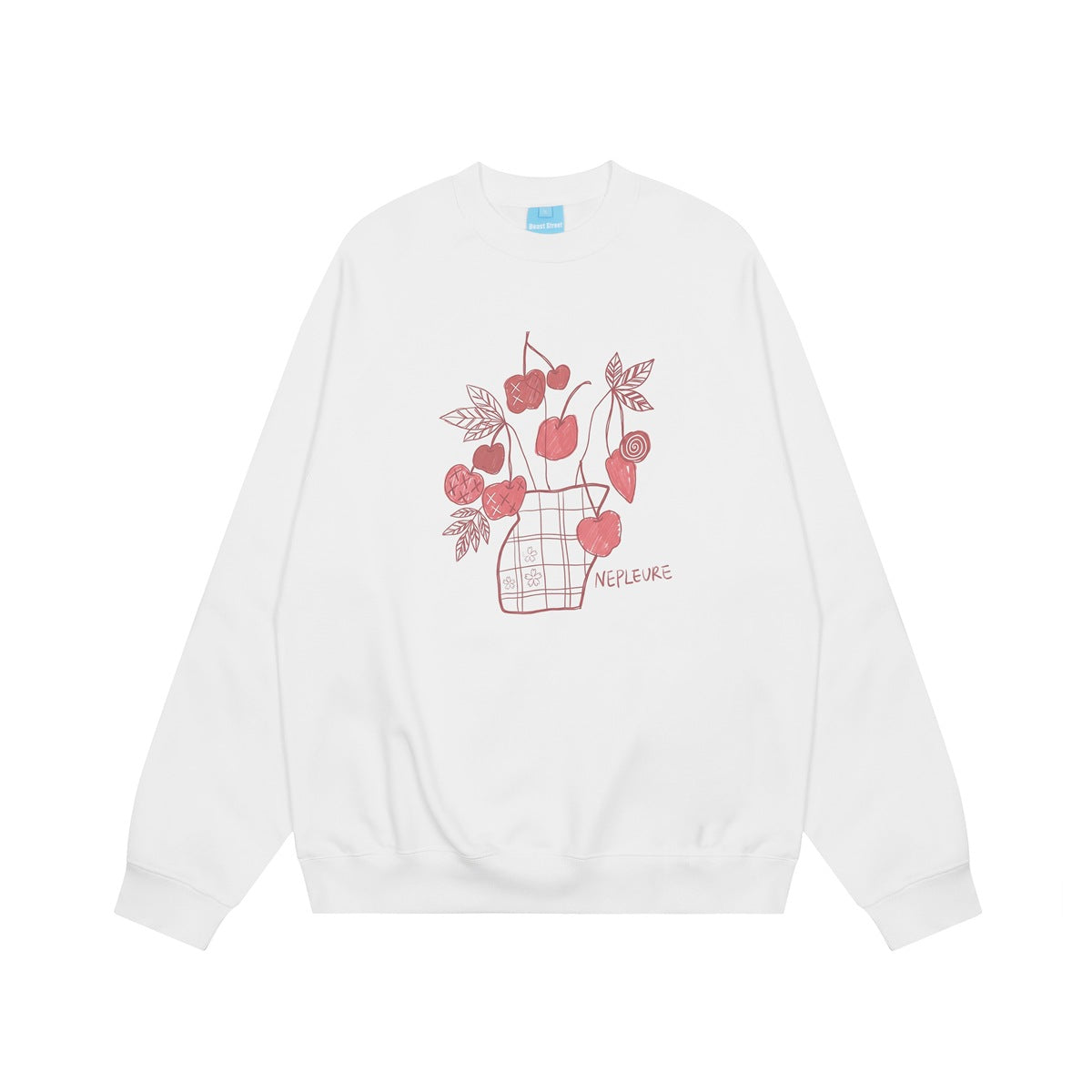 White crewneck raglan sweatshirt with pink-red cherry and plaid vase print and NEPLEURE text