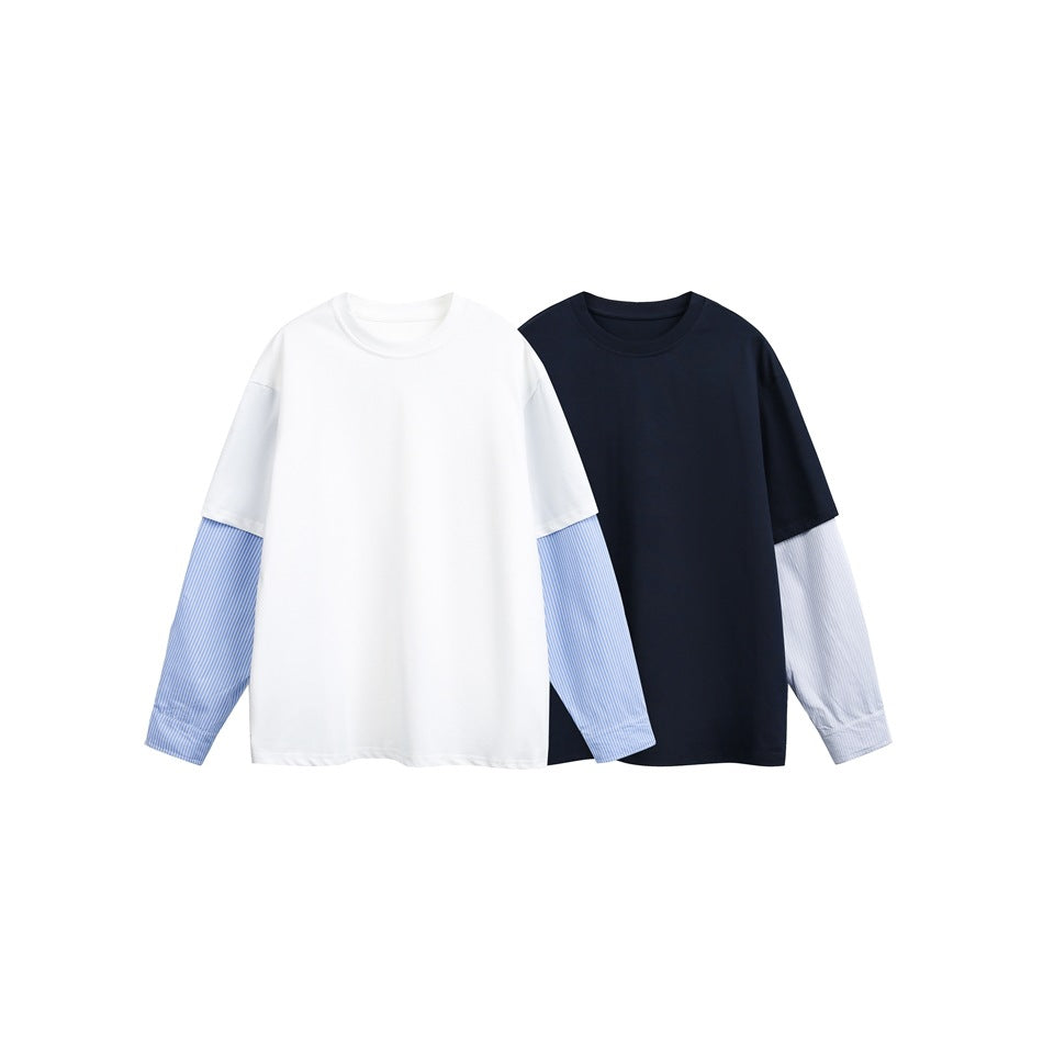 Two long-sleeve crewneck shirts: white with blue striped sleeves and navy with pale striped sleeves.