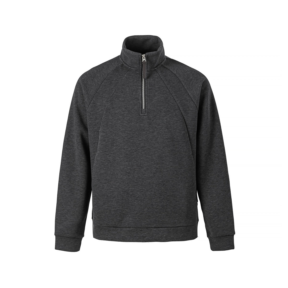 Front view of a charcoal gray pullover with a stand collar, short zipper, raglan seams, and ribbed cuffs and hem.