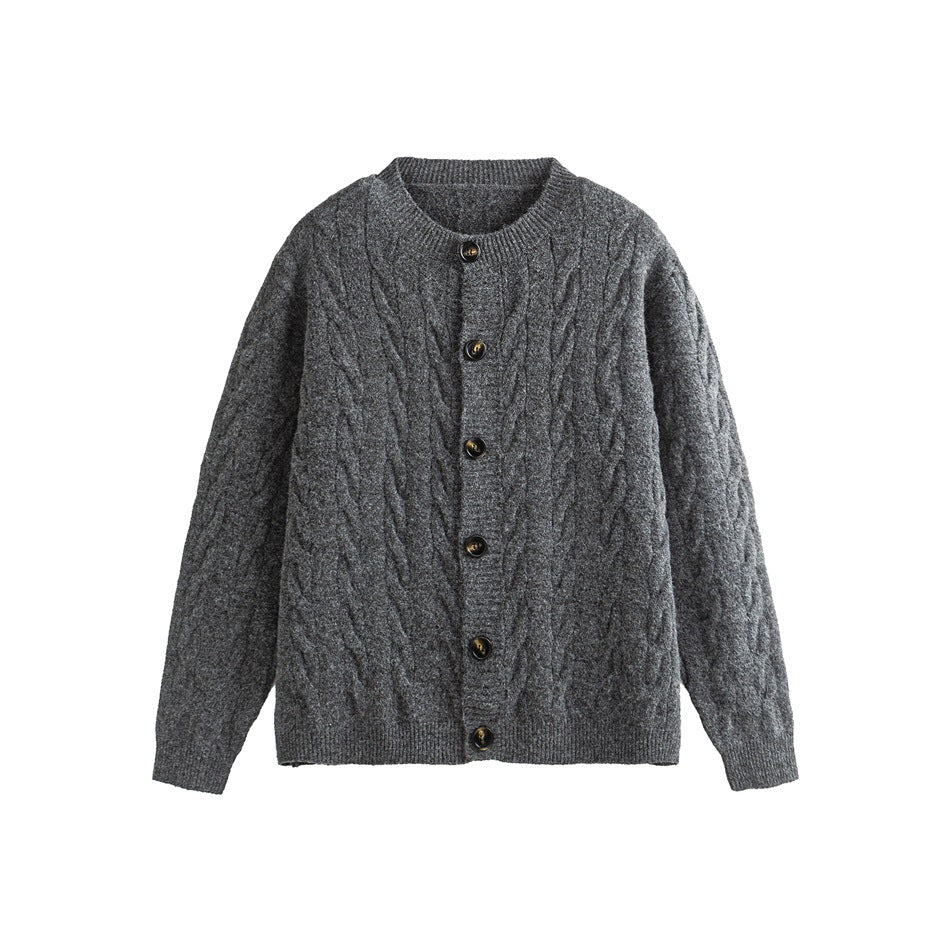 Dark gray cable-knit button-front cardigan with dark buttons, flat lay on white background