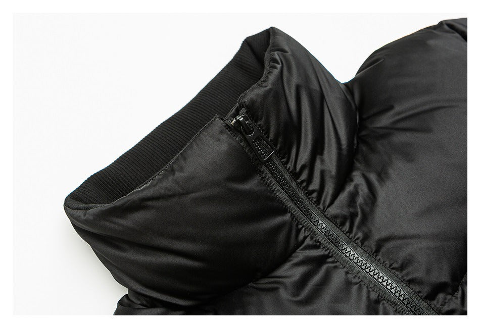 Close-up of a black padded jacket collar and diagonal front zipper.