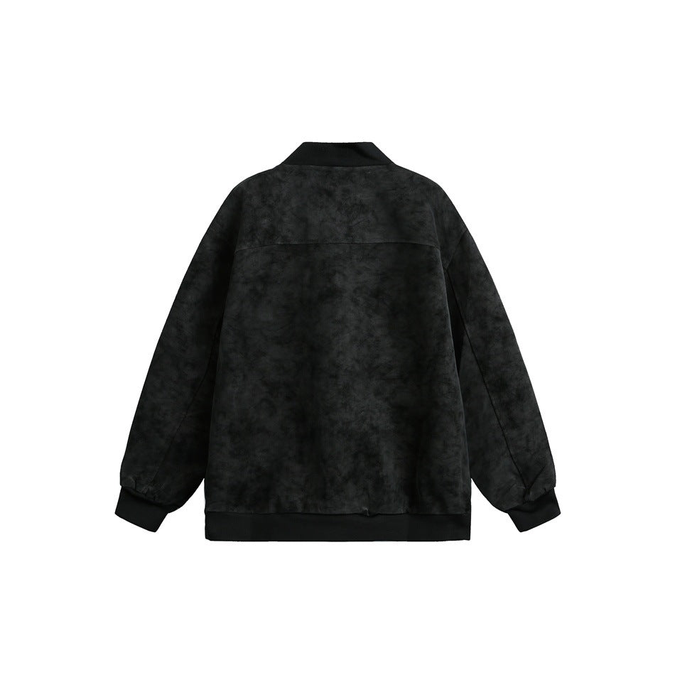 Back view of a mottled black bomber jacket with a horizontal shoulder seam and ribbed collar, cuffs, and hem.