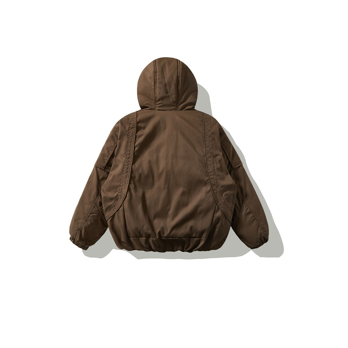 Back view of a brown hooded jacket with panel seams and elasticated cuffs and hem.