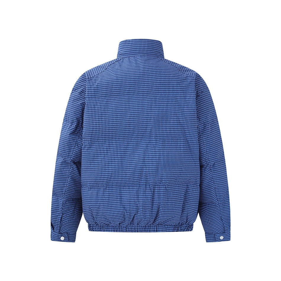 Back view of a blue checked jacket with a stand collar, long sleeves and gathered hem.