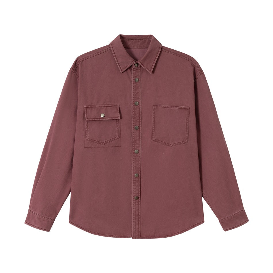 Dusty red long-sleeve button-front shirt with flap and patch chest pockets, flat lay on white background