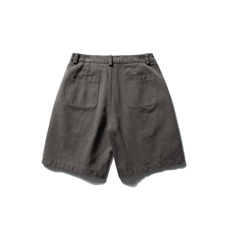 Flat rear view of dark charcoal shorts with two patch pockets and belt loops.