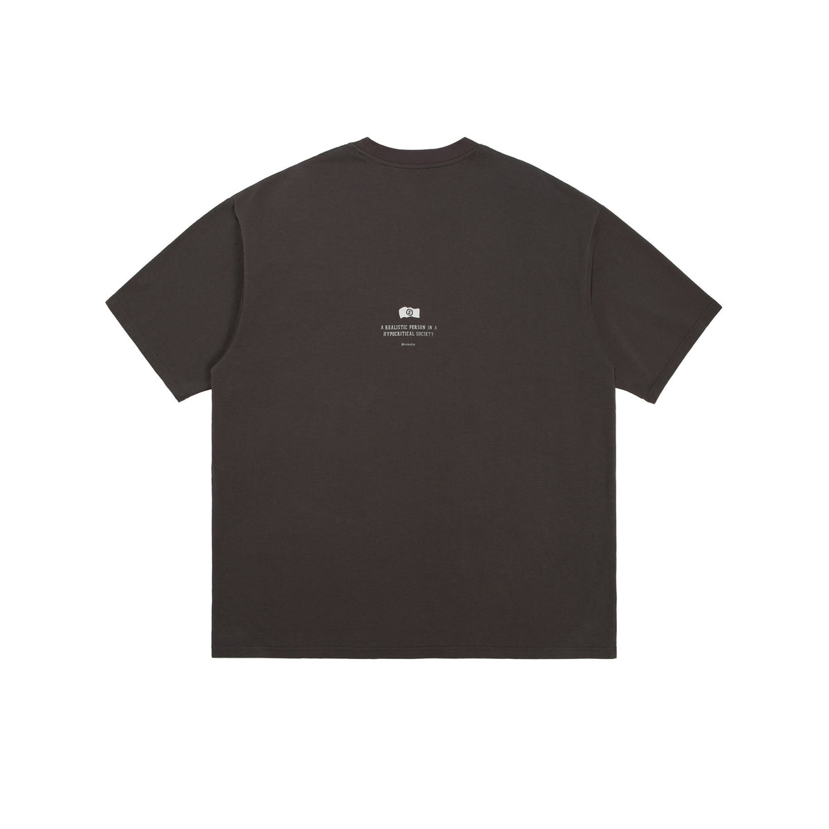 Brown short-sleeve T-shirt flat lay, back view, with small white graphic and slogan print at upper back