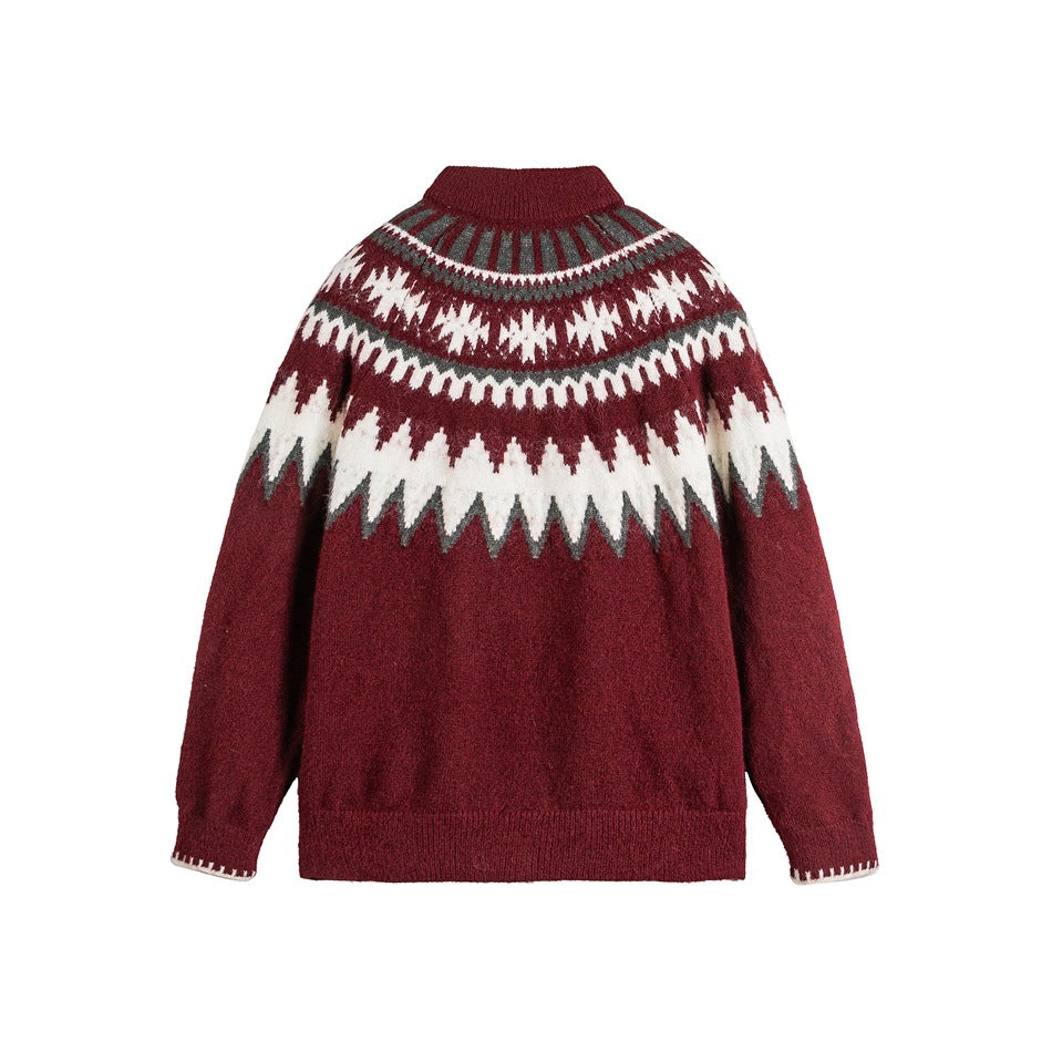 Back view of a burgundy zip-front knit sweater with a cream and gray geometric yoke pattern.